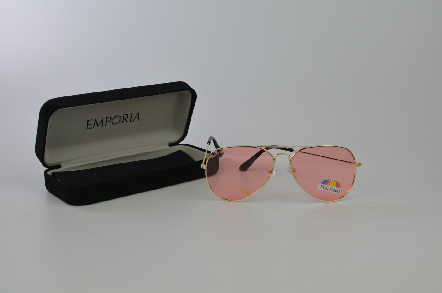 Emporia Itália - Série Aviator "DOCE", óculos de sol com filtro UV polarizados com estojo rígido e pano de limpeza, lentes de proteção solar de cor-de-rosa, armação dourada