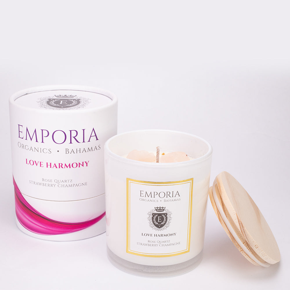 Emporia Organics BAHAMAS Vela de Vidro - HARMONIA & AMOR, com Quartzo Rosa, aroma a morango & champagne, 100% cera de soja, 230g