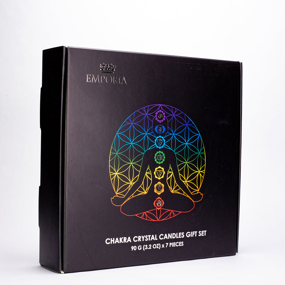Conjunto de 9 peças Emporia com 7 velas de vidro Chakra, pedente Chakra e pulseira Chakra com Ametista, Lápis-Lazúli, Citrino, Aventurina Verde, Olho de Tigre, Jaspe Vermelho e Quartzo Puro