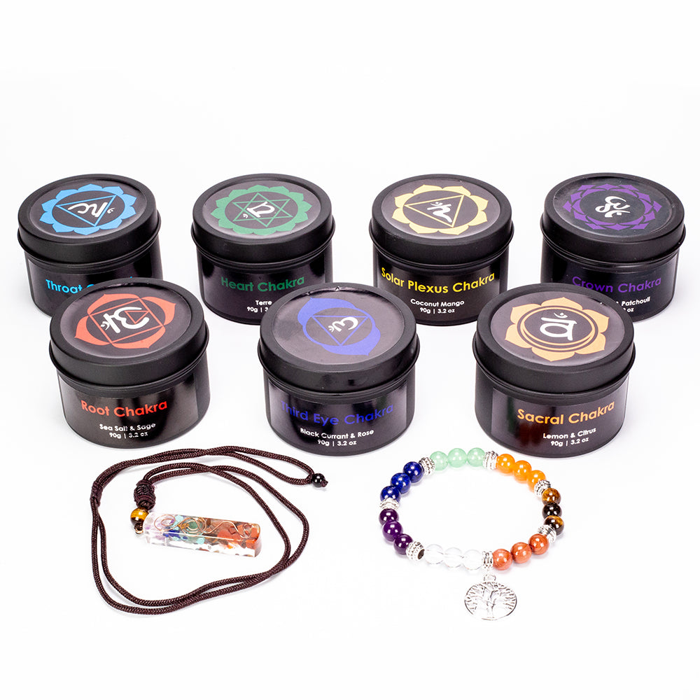 Conjunto de 9 peças Emporia com 7 velas de vidro Chakra, pedente Chakra e pulseira Chakra com Ametista, Lápis-Lazúli, Citrino, Aventurina Verde, Olho de Tigre, Jaspe Vermelho e Quartzo Puro