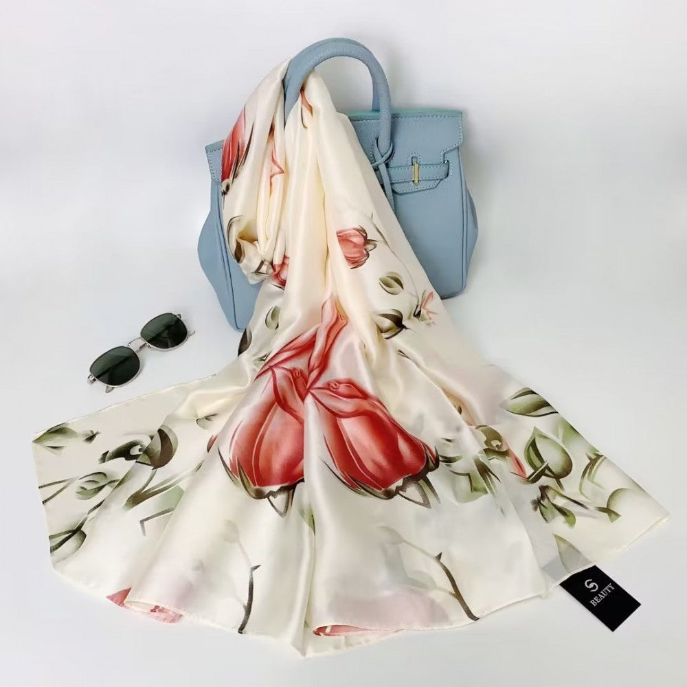 Conjunto de 2 lenços de seda, 90 cm x 180 cm, padrão com Rosas voadoras + Ameixa fria, cor púrpura claro e branco, 100% seda