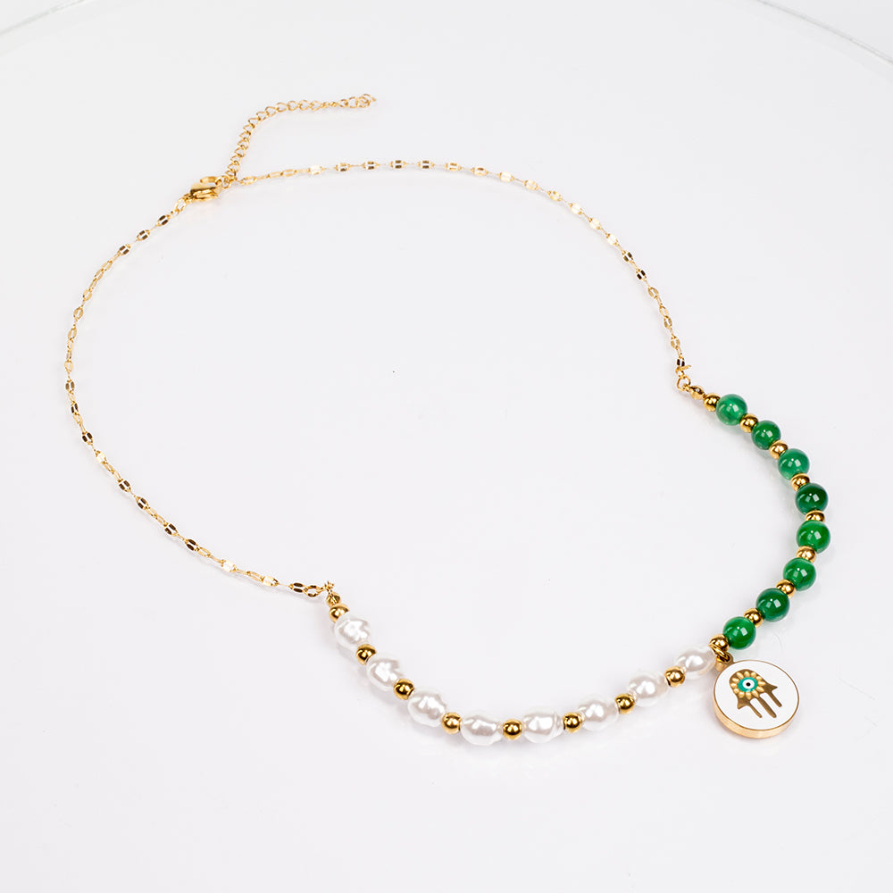 Conjunto de Liga de Ouro com Ágata Verde ( Colar+Brincos+Pulseira )