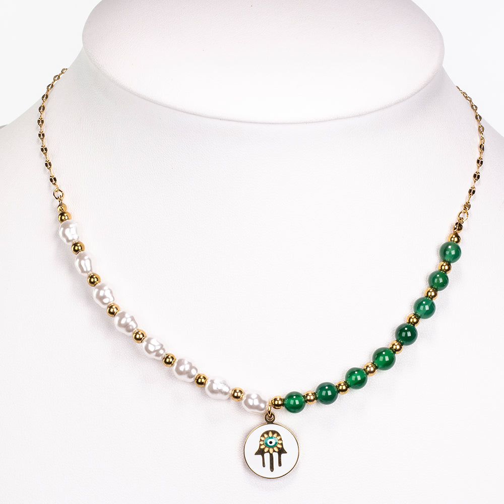 Conjunto de Liga de Ouro com Ágata Verde ( Colar+Brincos+Pulseira )