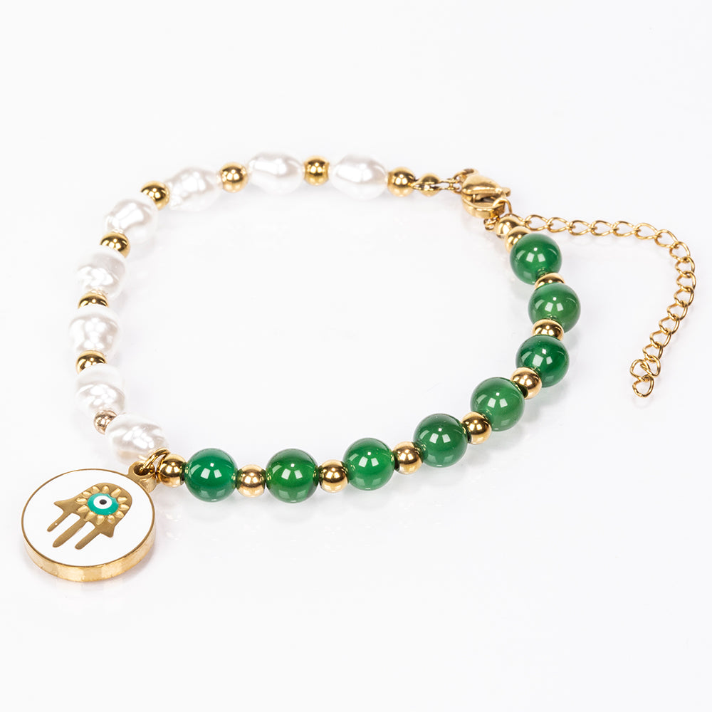 Conjunto de Liga de Ouro com Ágata Verde ( Colar+Brincos+Pulseira )