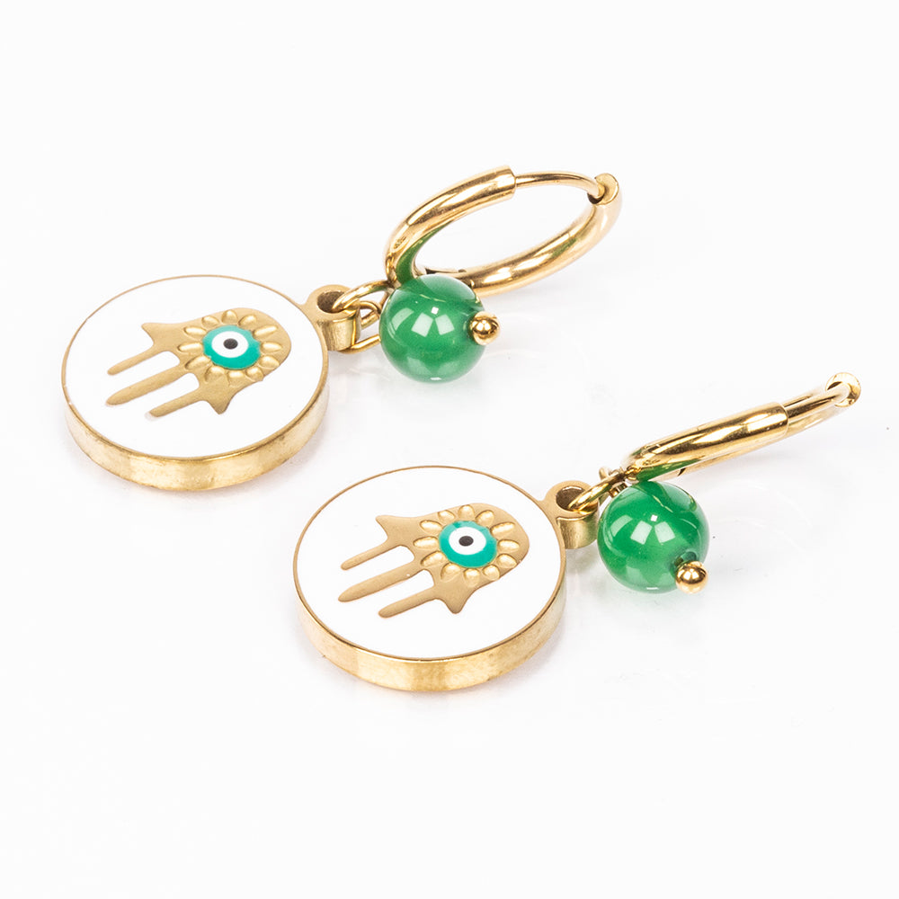 Conjunto de Liga de Ouro com Ágata Verde ( Colar+Brincos+Pulseira )