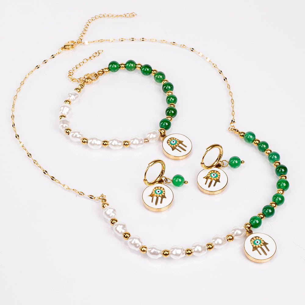 Conjunto de Liga de Ouro com Ágata Verde ( Colar+Brincos+Pulseira )