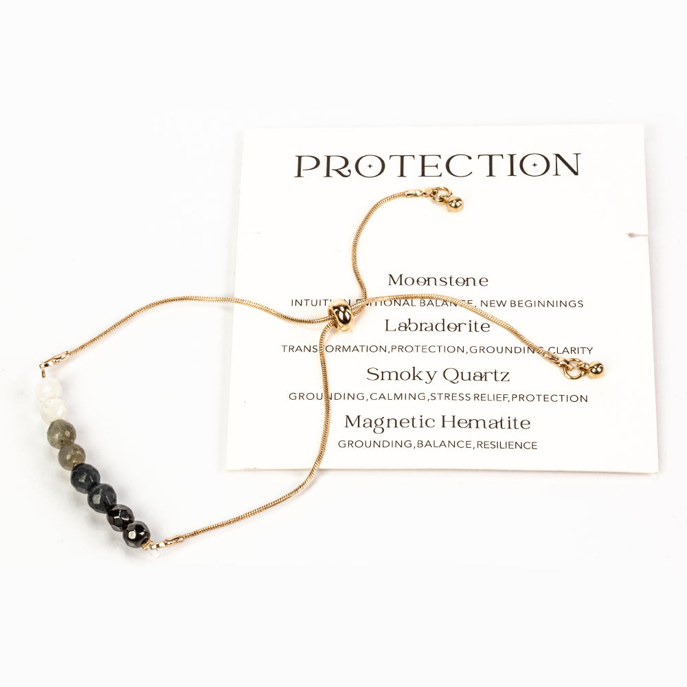 Pulseira de Proteção: Pulseira ajustável em tom dourado com Pedra da Lua, Labradorite, Quartzo Fumado e Hematite Magnética