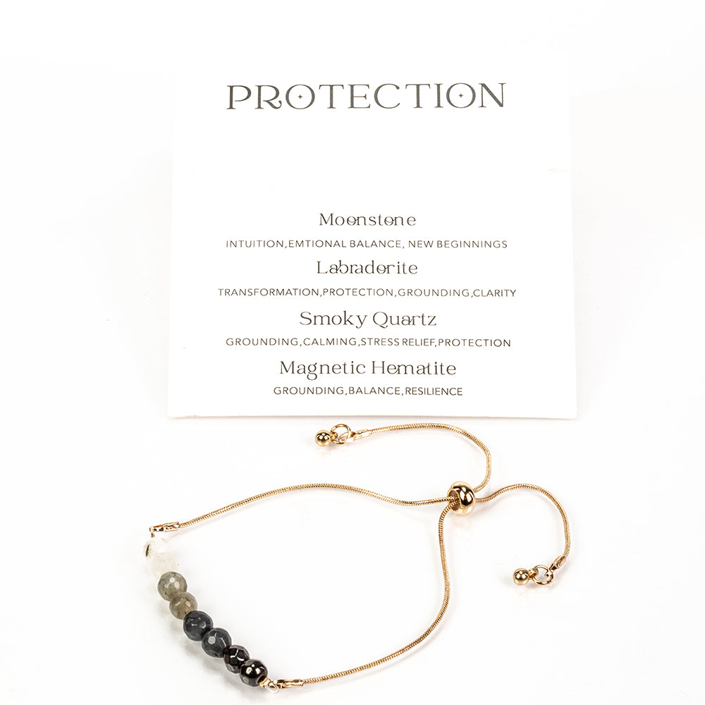 Pulseira de Proteção: Pulseira ajustável em tom dourado com Pedra da Lua, Labradorite, Quartzo Fumado e Hematite Magnética