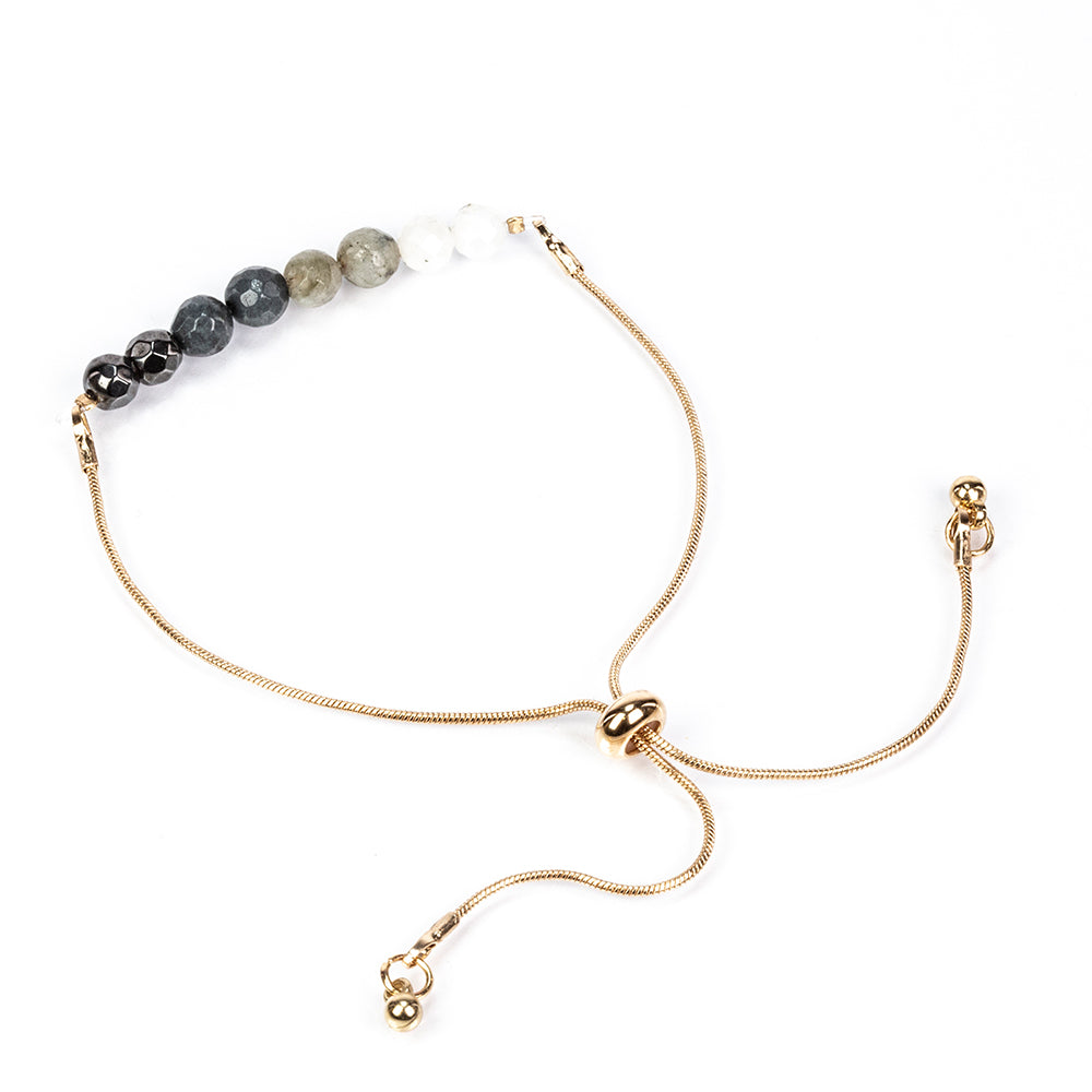 Pulseira de Proteção: Pulseira ajustável em tom dourado com Pedra da Lua, Labradorite, Quartzo Fumado e Hematite Magnética