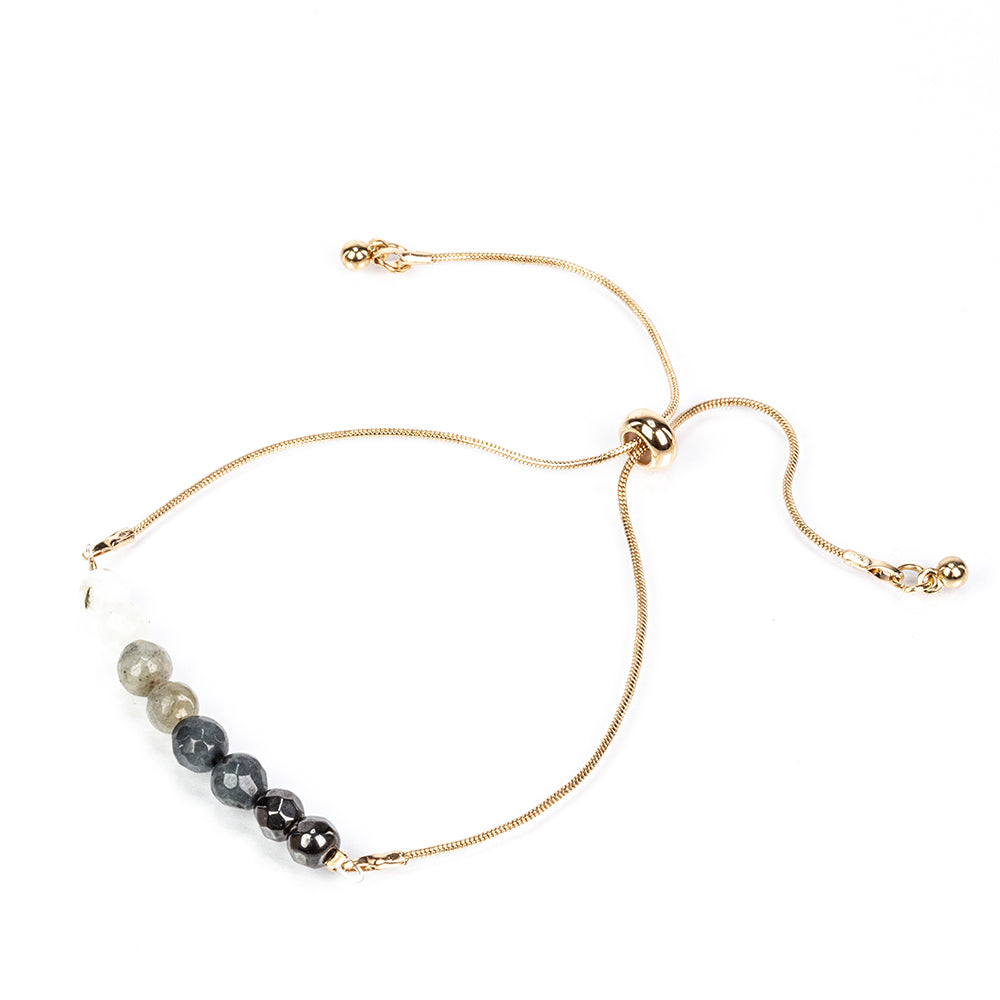 Pulseira de Proteção: Pulseira ajustável em tom dourado com Pedra da Lua, Labradorite, Quartzo Fumado e Hematite Magnética
