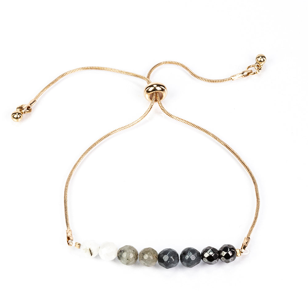 Pulseira de Proteção: Pulseira ajustável em tom dourado com Pedra da Lua, Labradorite, Quartzo Fumado e Hematite Magnética