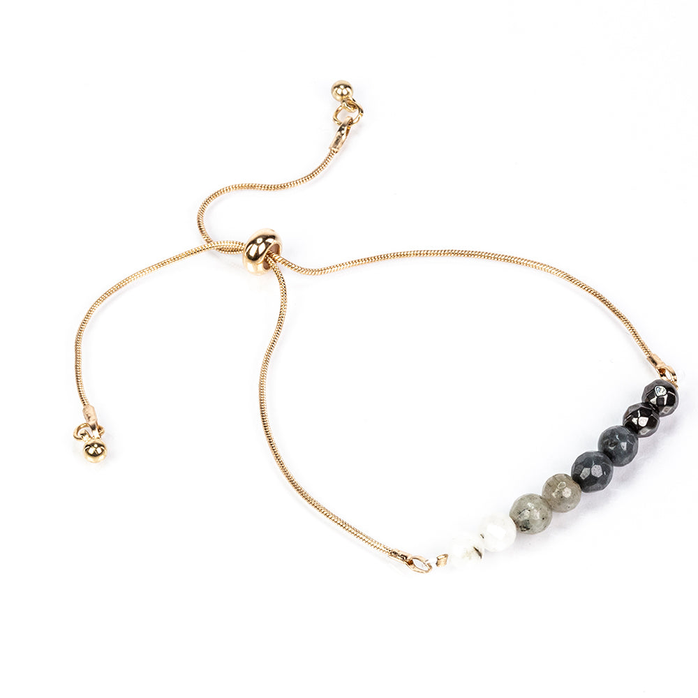 Pulseira de Proteção: Pulseira ajustável em tom dourado com Pedra da Lua, Labradorite, Quartzo Fumado e Hematite Magnética