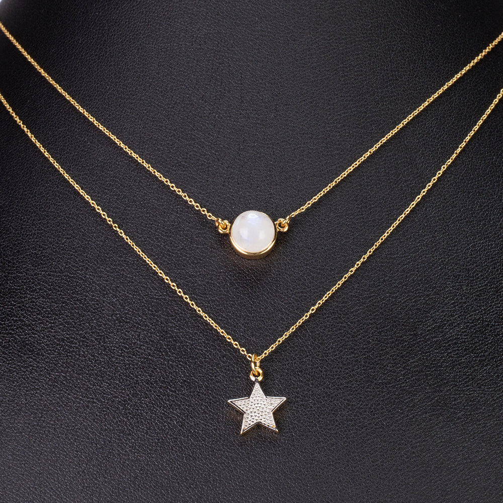 Conjunto de Prata com Banho de Ouro com Pedra da Lua Arco-íris  Contraste: Cabeca de Veado (800)