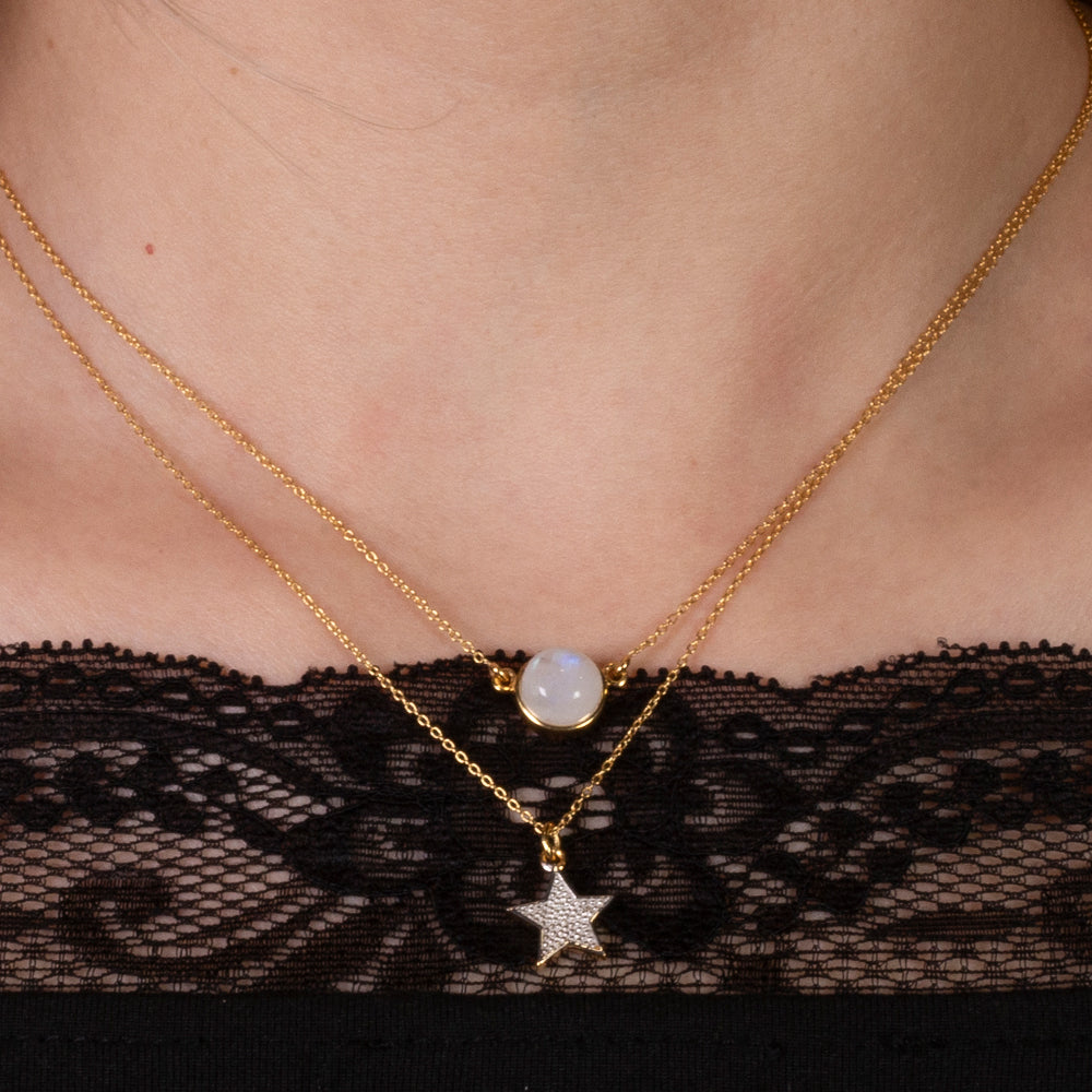 Conjunto de Prata com Banho de Ouro com Pedra da Lua Arco-íris  Contraste: Cabeca de Veado (800)