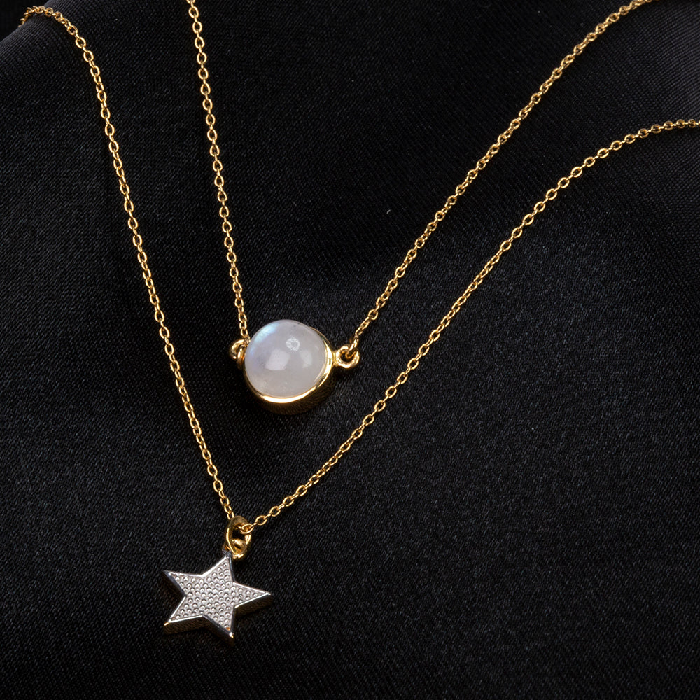 Conjunto de Prata com Banho de Ouro com Pedra da Lua Arco-íris  Contraste: Cabeca de Veado (800)