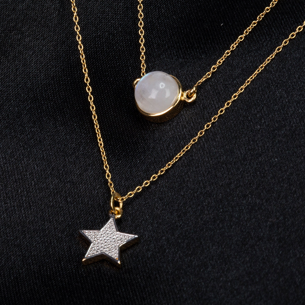 Conjunto de Prata com Banho de Ouro com Pedra da Lua Arco-íris  Contraste: Cabeca de Veado (800)