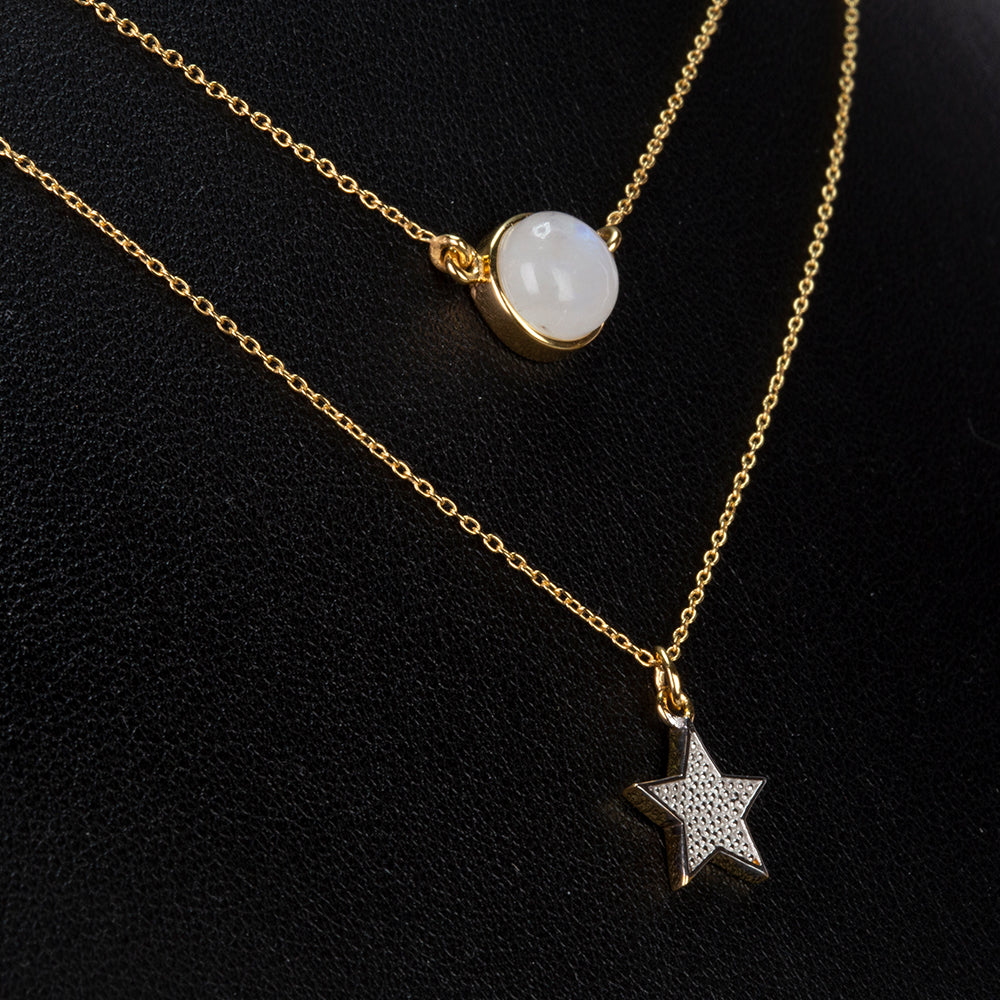 Conjunto de Prata com Banho de Ouro com Pedra da Lua Arco-íris  Contraste: Cabeca de Veado (800)
