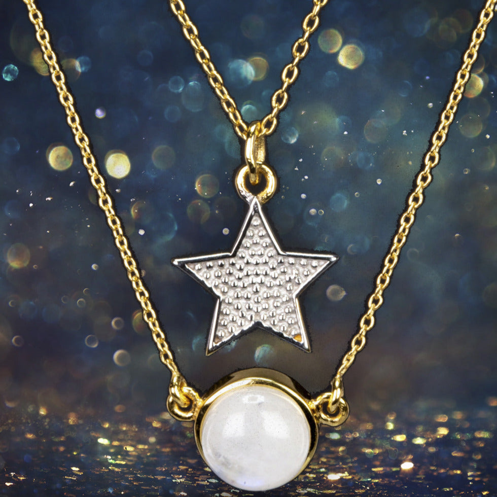 Conjunto de Prata com Banho de Ouro com Pedra da Lua Arco-íris  Contraste: Cabeca de Veado (800)