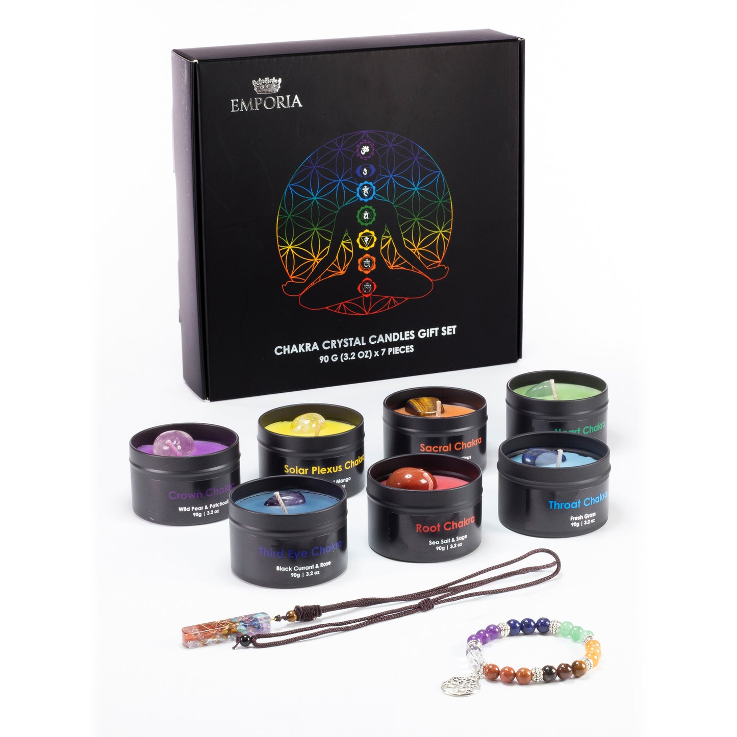 Conjunto de 9 peças Emporia com 7 velas de vidro Chakra, pedente Chakra e pulseira Chakra com Ametista, Lápis-Lazúli, Citrino, Aventurina Verde, Olho de Tigre, Jaspe Vermelho e Quartzo Puro