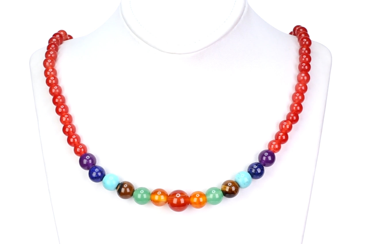 Colar Chakra de liga banhada a ouro com pedras: Cornalina, Ametista, Lápis-lazúli, Turquesa, Olho de tigre, Aventurina, Ágata laranja e Ágata vermelha