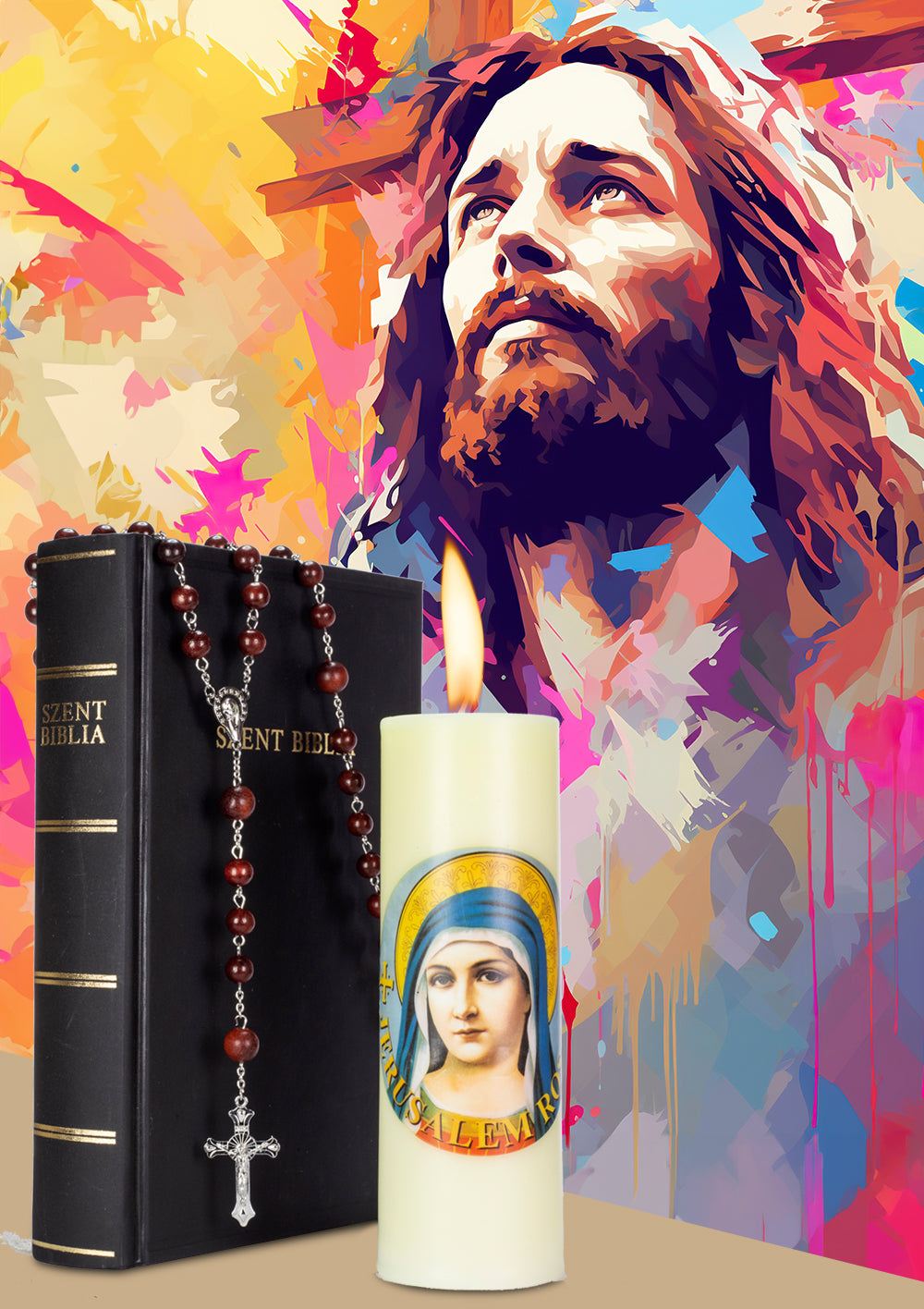 Terço banhado a Liga de Ouro com Contas de Jacarandá e Crucifixo + Vela perfumada de Santa Maria como PRESENTE