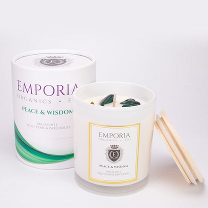 Emporia Organics FIJI Vela de Vidro -PAZ & SABEDORIA, com Malaquite, aroma a pêra selvagem & patchouli, 100% cera de soja, 230g