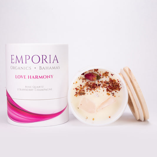 Emporia Organics BAHAMAS Vela de Vidro - HARMONIA & AMOR, com Quartzo Rosa, aroma a morango & champagne, 100% cera de soja, 230g