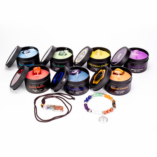 Conjunto de 9 peças Emporia com 7 velas de vidro Chakra, pedente Chakra e pulseira Chakra com Ametista, Lápis-Lazúli, Citrino, Aventurina Verde, Olho de Tigre, Jaspe Vermelho e Quartzo Puro