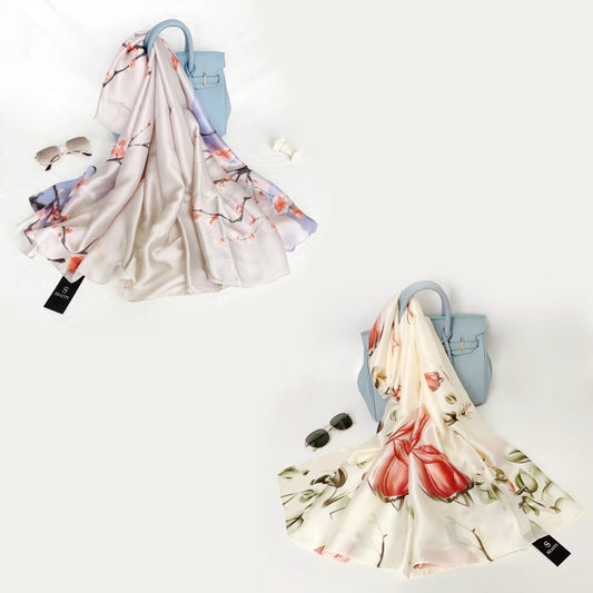 Conjunto de 2 lenços de seda, 90 cm x 180 cm, padrão com Rosas voadoras + Ameixa fria, cor púrpura claro e branco, 100% seda