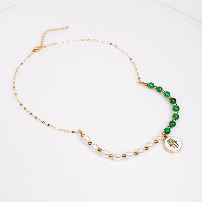 Conjunto de Liga de Ouro com Ágata Verde ( Colar+Brincos+Pulseira )