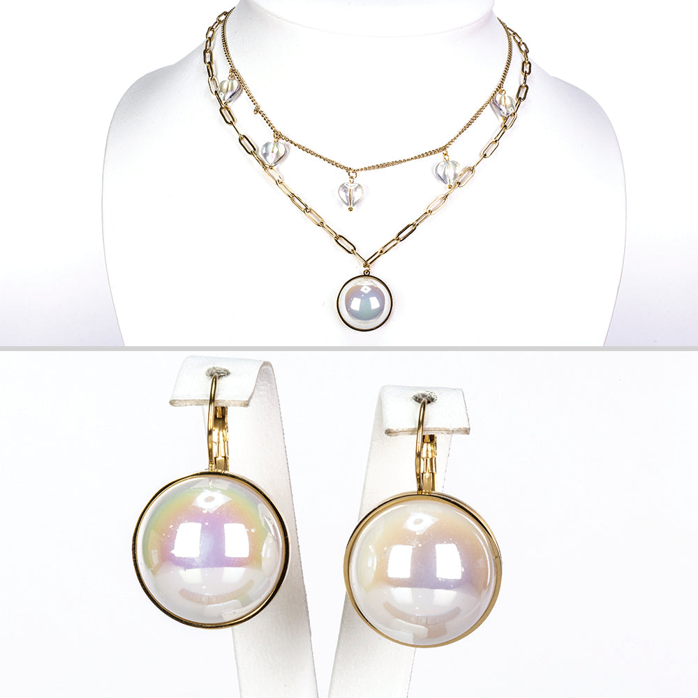 Conjunto de Liga de Ouro com Pérola de Vidro ( Colar+Brincos )
