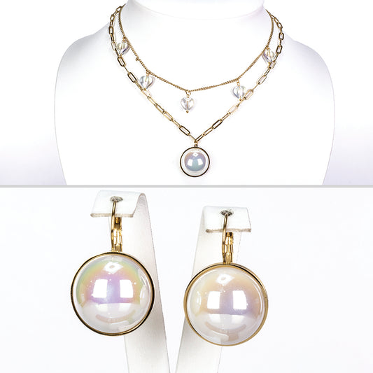 Conjunto de Liga de Ouro com Pérola de Vidro ( Colar+Brincos )