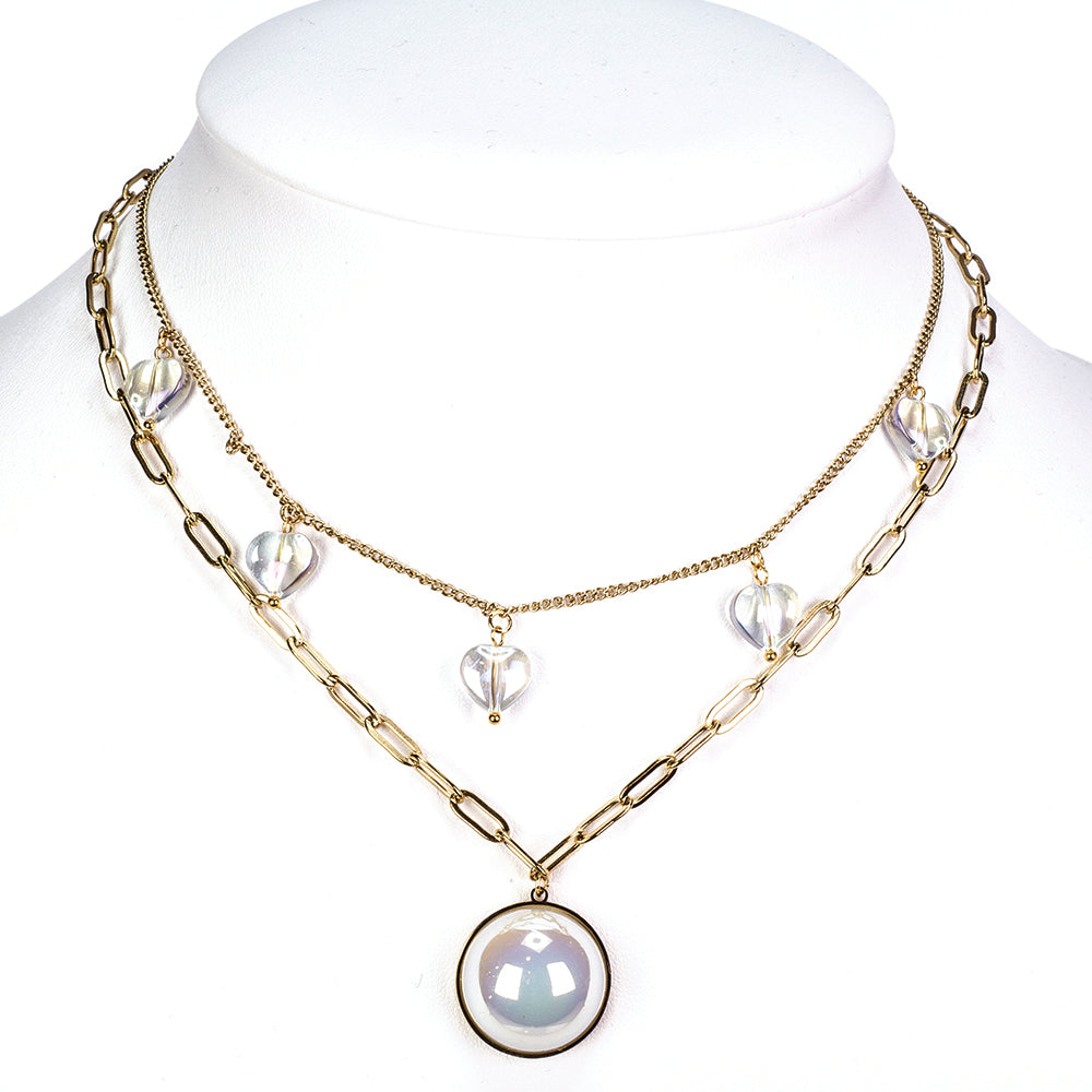 Conjunto de Liga de Ouro com Pérola de Vidro ( Colar+Brincos )