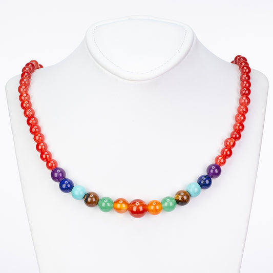 Colar Chakra de liga banhada a ouro com pedras: Cornalina, Ametista, Lápis-lazúli, Turquesa, Olho de tigre, Aventurina, Ágata laranja e Ágata vermelha
