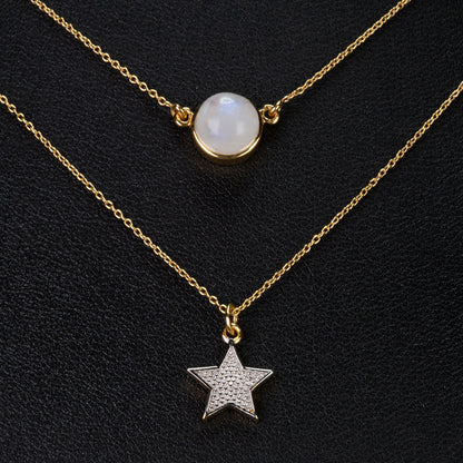 Conjunto de Prata com Banho de Ouro com Pedra da Lua Arco-íris  Contraste: Cabeca de Veado (800)