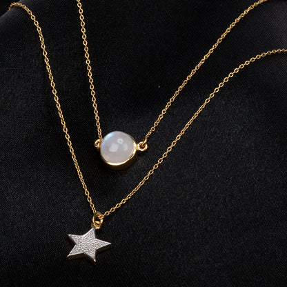 Conjunto de Prata com Banho de Ouro com Pedra da Lua Arco-íris  Contraste: Cabeca de Veado (800)