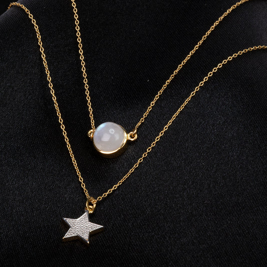 Conjunto de Prata com Banho de Ouro com Pedra da Lua Arco-íris  Contraste: Cabeca de Veado (800)