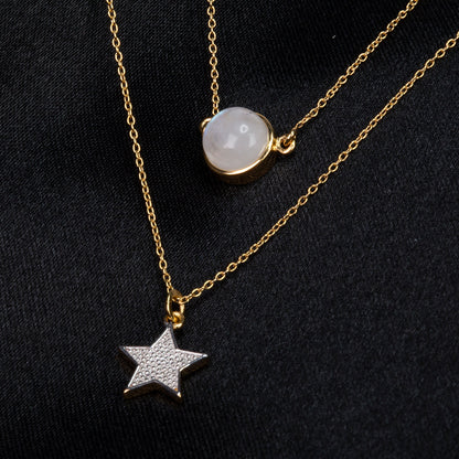 Conjunto de Prata com Banho de Ouro com Pedra da Lua Arco-íris  Contraste: Cabeca de Veado (800)