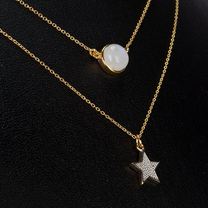 Conjunto de Prata com Banho de Ouro com Pedra da Lua Arco-íris  Contraste: Cabeca de Veado (800)