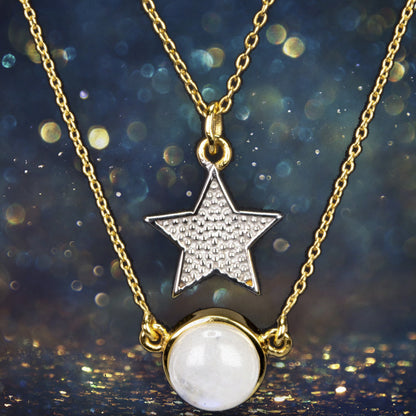 Conjunto de Prata com Banho de Ouro com Pedra da Lua Arco-íris  Contraste: Cabeca de Veado (800)